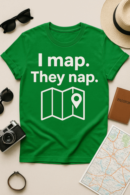 1. Funny travel t-shirt with map and nap slogan, ideal for adventurers and tourists.