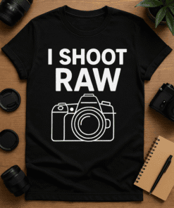1. Funny photography t-shirt with "I Shoot Raw" message and camera graphic.