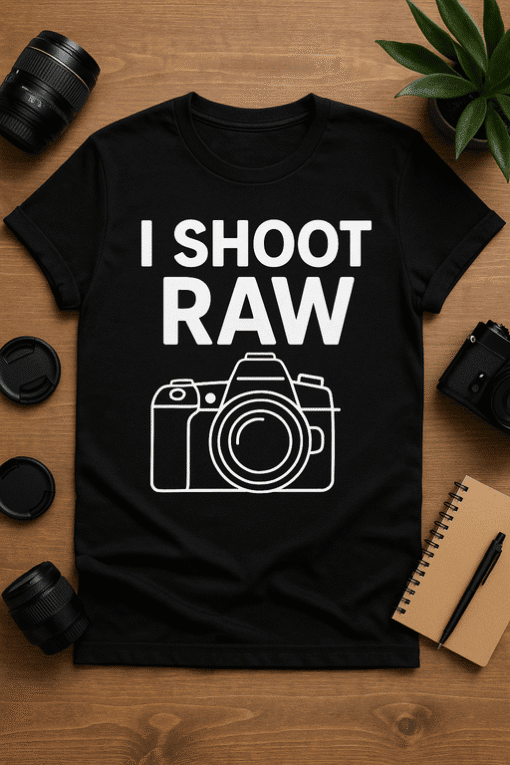 1. Funny photography t-shirt with "I Shoot Raw" message and camera graphic.