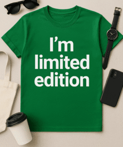 Limited edition t-shirt with bold text, casual accessories, and tech gadgets for trendy style.