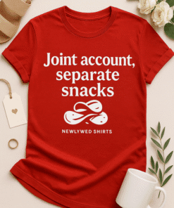 Soft red graphic T-shirt featuring humorous slogan about shared snacks - perfect for casual wear.