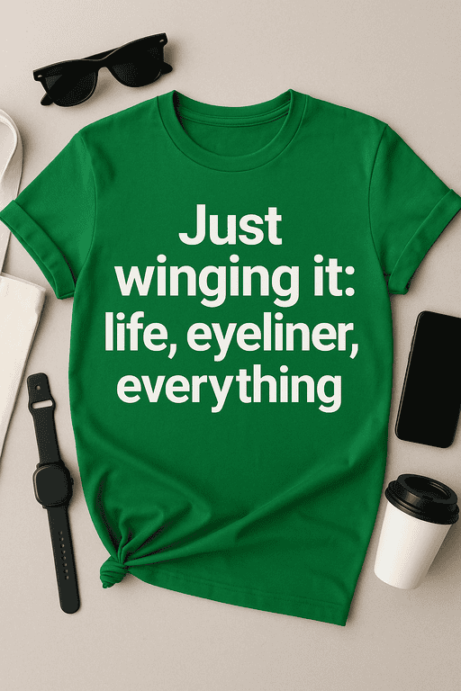 Colorful humorous t-shirt with bold text about winging life, eyeliner, and everything. Perfect casual wear for expressive personalities.