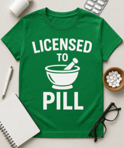Licensed to pill funny medical t-shirt for health humor lovers.