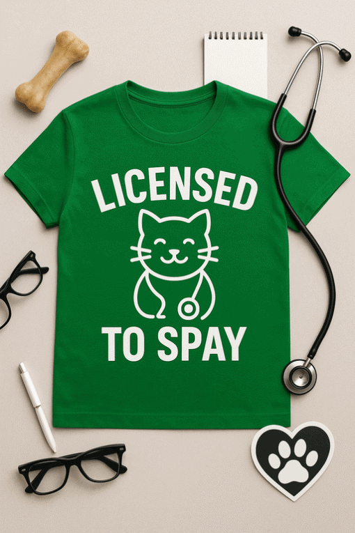 Licensed to Spay Cat T-Shirt, Vet Gift, Spay & Neuter Awareness Tee, Animal Rescue Shirt, Humane Pet Care.