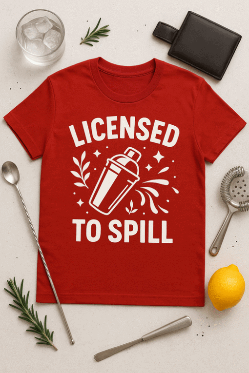 Licensed to spill cocktail shirt, funny bachelorette party tee, drinking T-shirt, humorous bartender shirt, novelty alcohol-themed tee.