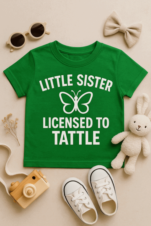 1. Cute green toddler T-shirt with "Little Sister Licensed to Tattle" print.