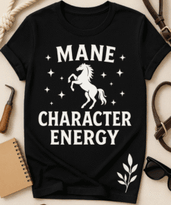 Bold graphic T-shirt with a unicorn and motivational text for character energy endorsement.