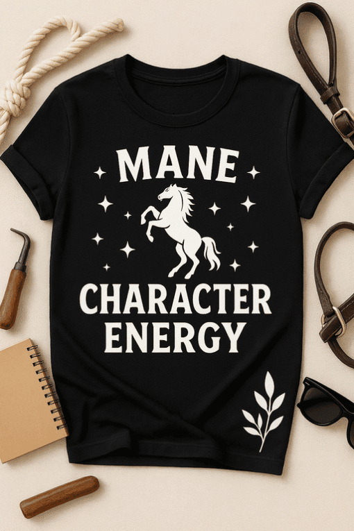 Bold graphic T-shirt with a unicorn and motivational text for character energy endorsement.