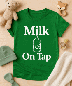 Warm baby T-shirt with "Milk On Tap" graphic, perfect for infants and toddlers.