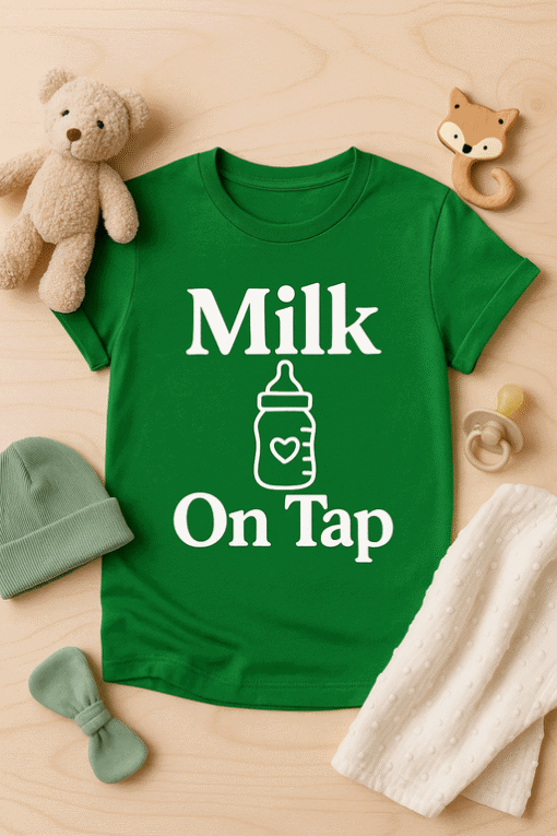Warm baby T-shirt with "Milk On Tap" graphic, perfect for infants and toddlers.