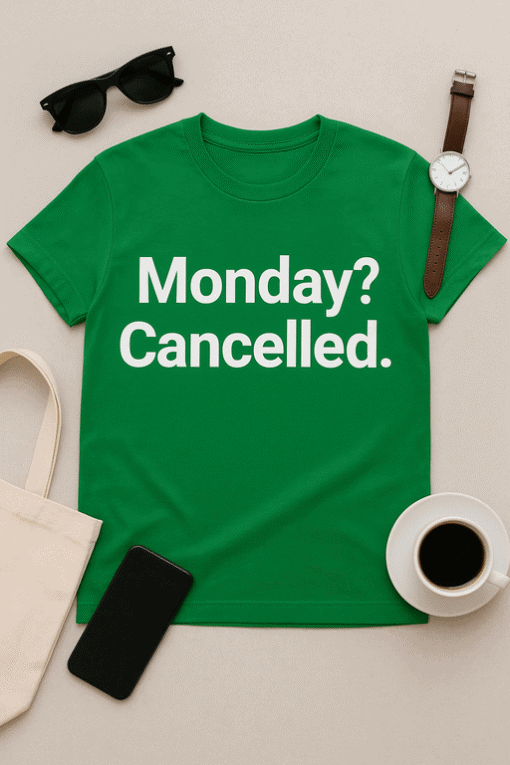 Casual green t-shirt with humorous "Monday? Cancelled." print for everyday wear.