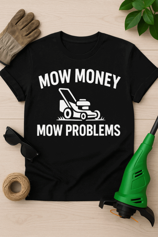 Mow Money Mow Problems funny lawn mowing T-shirt for gardening enthusiasts.