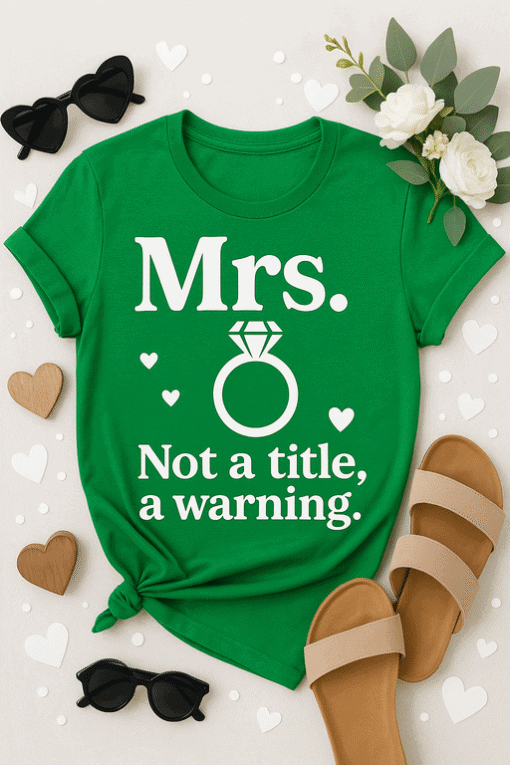 Mrs. T-shirt with ring graphic and humorous quote, perfect for women's fashion and gift ideas.