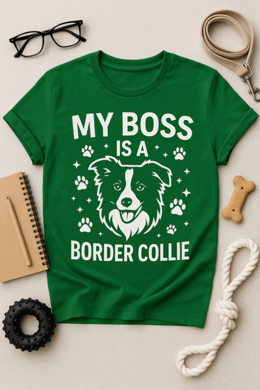 1. Border collie T-shirt with humorous "My Boss is a Border Collie" print, pet lover gift.