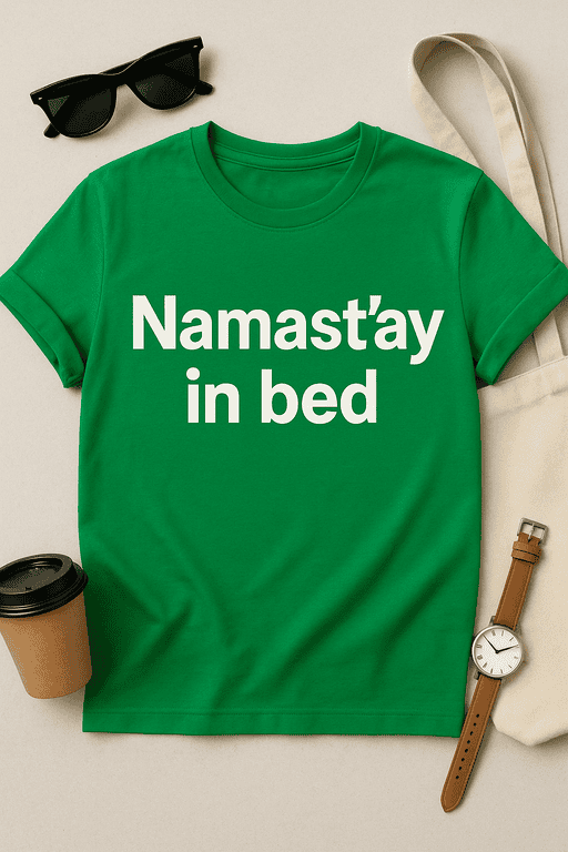 Relaxed fit green T-shirt with "Namastay in bed" slogan, perfect for casual wear and comfort.