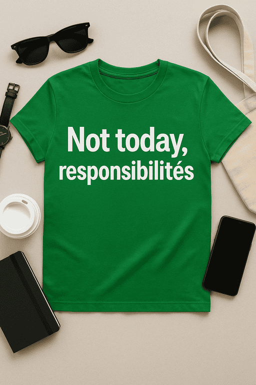 Not responsible quote T-shirt, green casual tee for relaxed style and statement fashion.