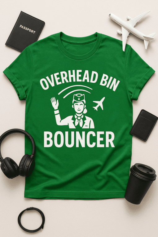 Overhead Bin Bouncer T-shirt for travel and aviation enthusiasts.