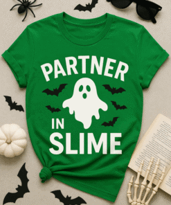 Ghost Halloween shirt with bats and slime, spooky Halloween T-shirt for fun costume.