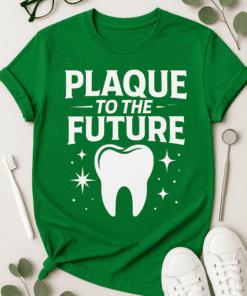 1. Eco-friendly green T-shirt with dental health message and tooth graphic.