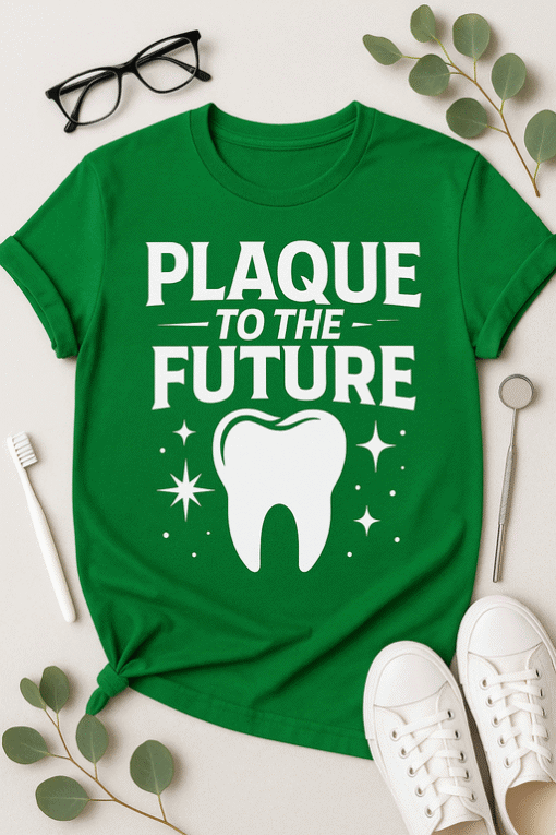 1. Eco-friendly green T-shirt with dental health message and tooth graphic.