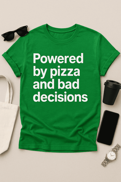 Powerful green t-shirt with humorous pizza and bad decision quote, casual streetwear, trendy graphic tee for men and women.