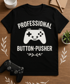 1. Black T-shirt with gaming controller graphic and "Professional Button-Pusher" text, casual wear.