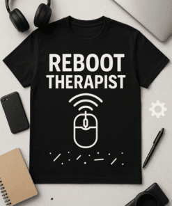Wireless mouse with "REBOOT THERAPIST" T-shirt, tech accessories, workspace, casual digital profession, geek style, modern office wear.