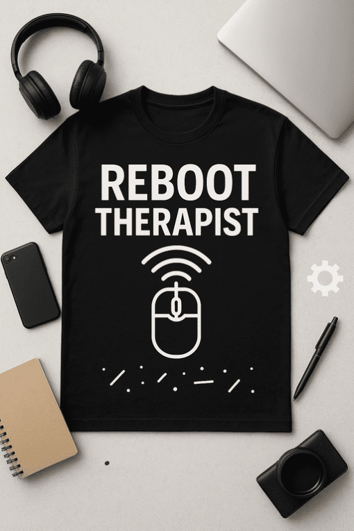 Wireless mouse with "REBOOT THERAPIST" T-shirt, tech accessories, workspace, casual digital profession, geek style, modern office wear.