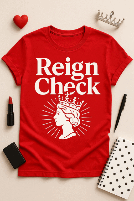 Reign Check red graphic t-shirt, bold design, stylish casual wear for empowerment and confidence.