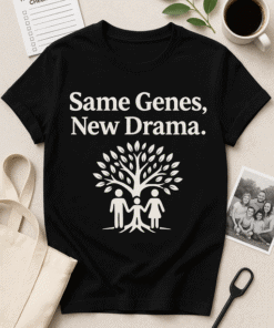 Unisex family genes t-shirt with tree and family graphic for family humor and matching apparel.