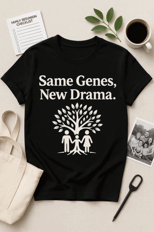 Unisex family genes t-shirt with tree and family graphic for family humor and matching apparel.