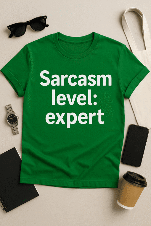 1. Green T-shirt with "Sarcasm level: expert" bold white text, casual style, related to humor and sarcasm.