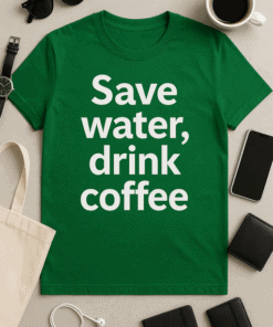 Save water drink coffee T-shirt with bold white text on green fabric, stylish coffee lover's apparel.