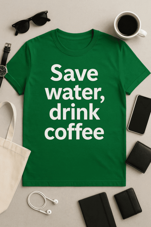 Save water drink coffee T-shirt with bold white text on green fabric, stylish coffee lover's apparel.