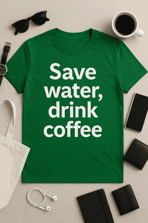 Save water drink coffee T-shirt with bold white text on green fabric, stylish coffee lover's apparel.