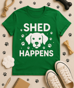 Cute dog-themed green T-shirt with "SHED HAPPENS" print for pet lovers and dog owners. Perfect for casual wear and dog shelter events.