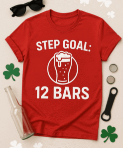 Beer-themed T-shirt with "Step Goal: 12 Bars" graphic and slogan, perfect for brewing enthusiasts and beer lovers.