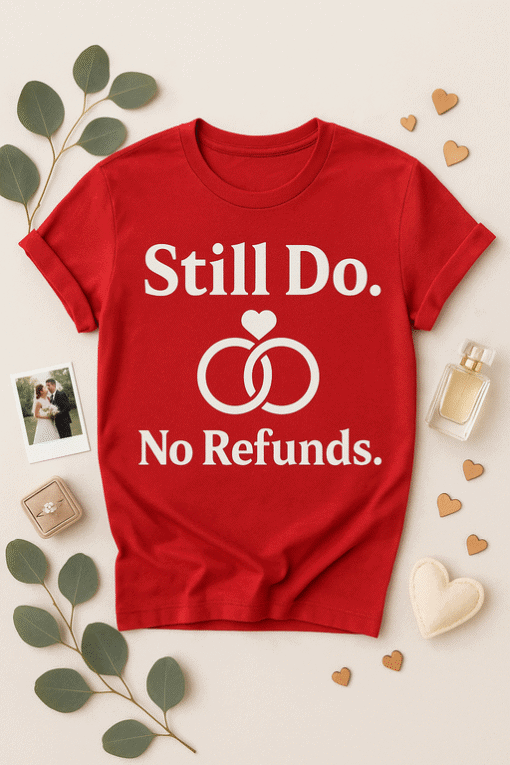 - "Still Do. No Refunds" humorous wedding T-shirt for couples and marriage enthusiasts.