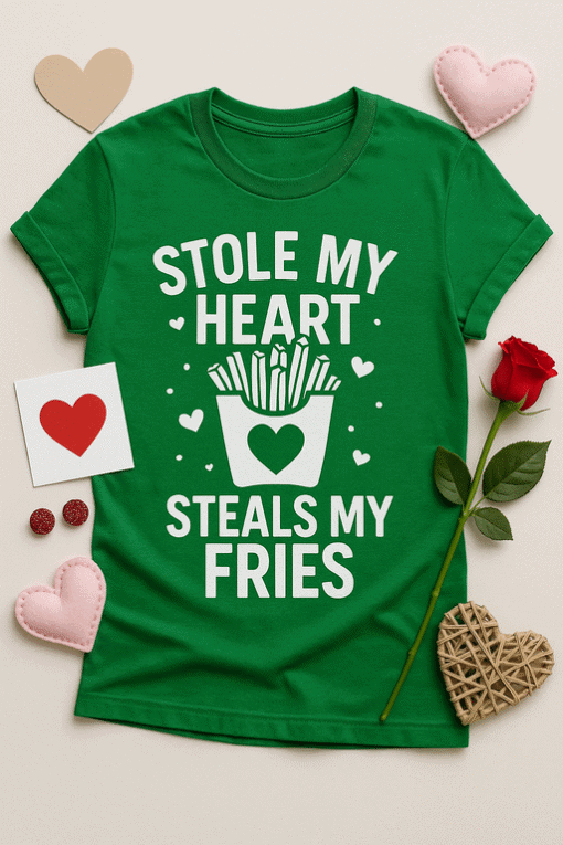 Stole my heart steams my fries funny valentine's day t-shirt for men's women’s casual wear.