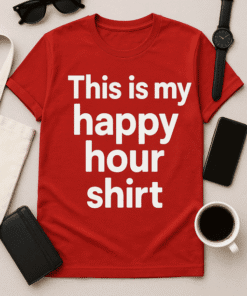 Happy hour shirt with bold white text on red casual T-shirt for fun, leisure, and social occasions.