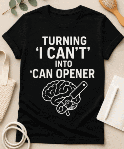 Brain humor t-shirt funny quote turning “I can't” into can opener novelty casual tee.