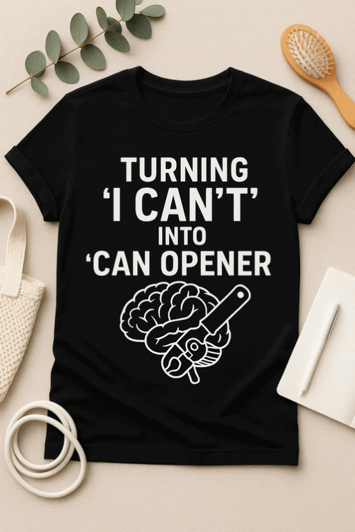 Brain humor t-shirt funny quote turning “I can't” into can opener novelty casual tee.