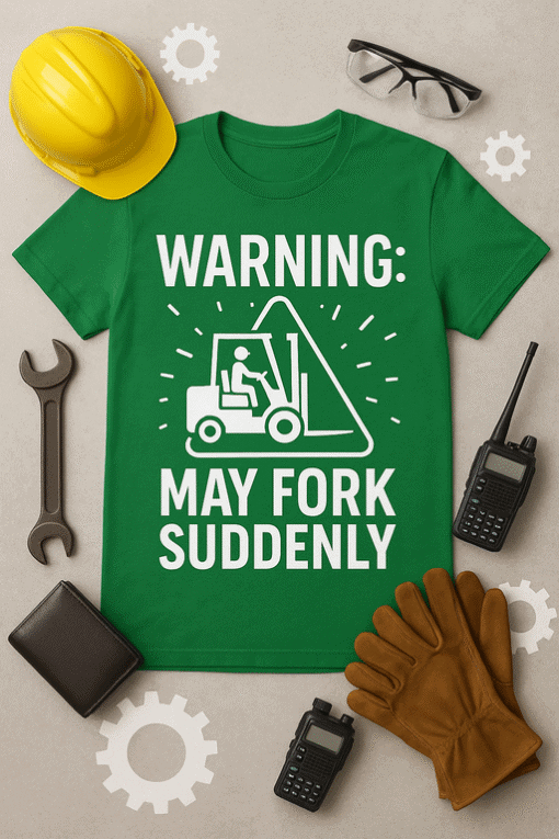 Warning: May Fork Suddenly T-shirt, humorous work safety graphic tee for construction workers.