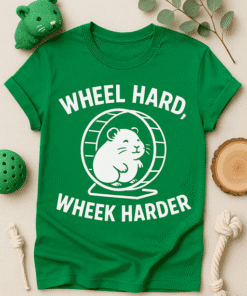 Cute hamster on wheel t-shirt, humorous animal design, fun casual wear for pet lovers.