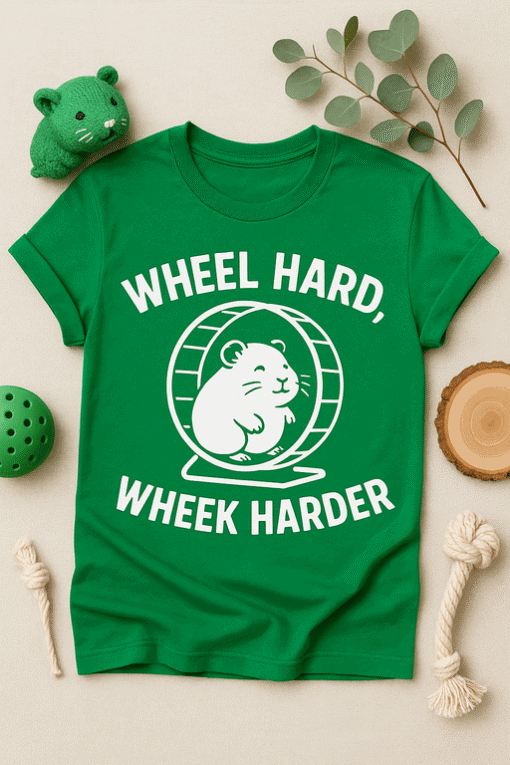Cute hamster on wheel t-shirt, humorous animal design, fun casual wear for pet lovers.