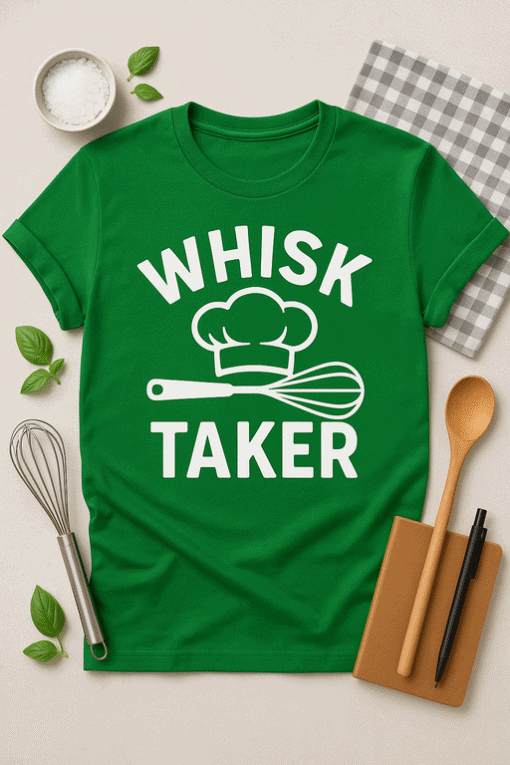 Whisk Taker T-shirt, chef hat design, kitchen cooking apparel, fun culinary gift idea.