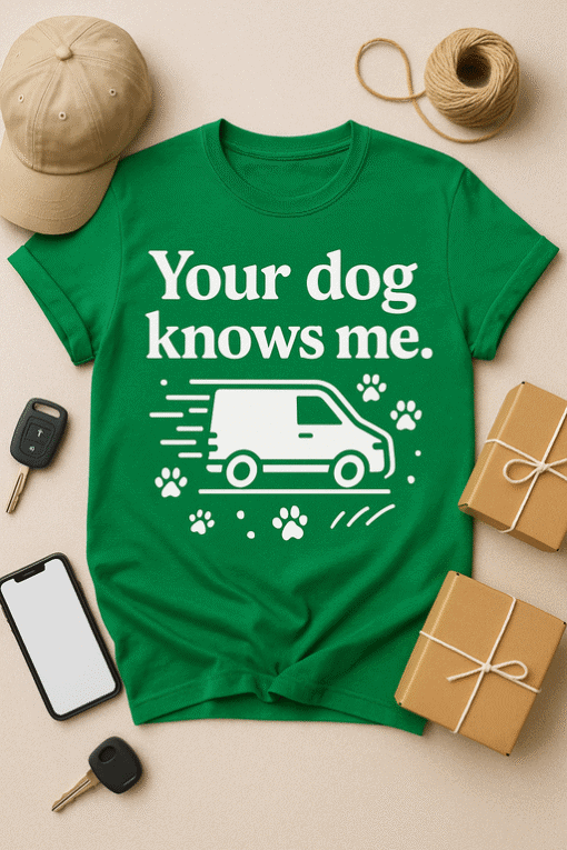 Dog lover t-shirt with vehicle graphic and paw prints, fun pet owner gift idea.