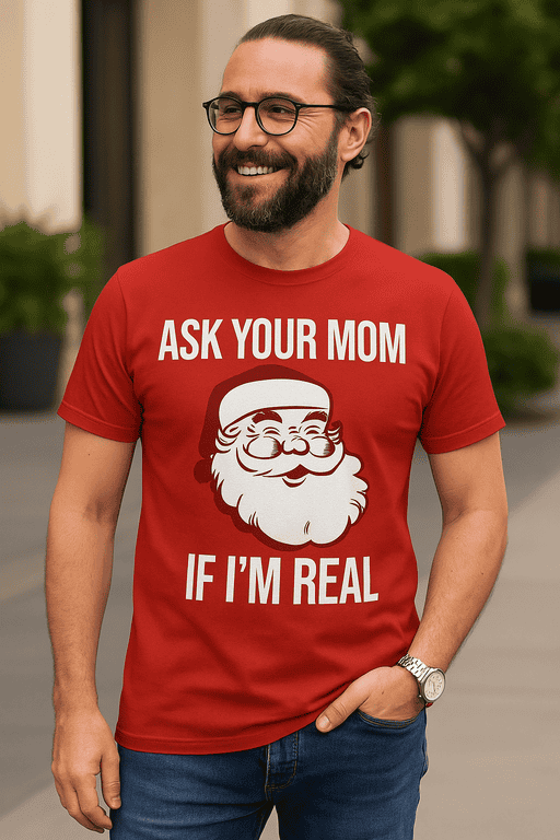 Santa joke T-shirt for men, funny Xmas gift idea, Christmas humor apparel, holiday themed casual tee.