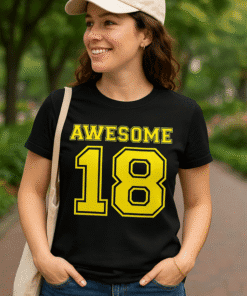 Bold yellow "AWESOME 18" graphic T-shirt for casual wear and youth fashion.
