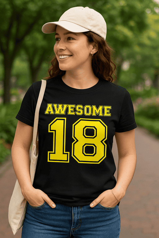 Bold yellow "AWESOME 18" graphic T-shirt for casual wear and youth fashion.